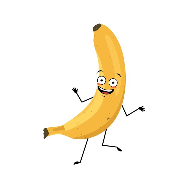 Vector banana character with crazy happy emotion joyful face smile eyes dancing arms and legs person with expression fruit emoticon vector flat illustration