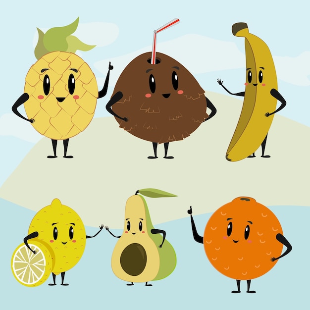 Banana characters avakado lemon and coconut illustration