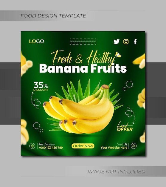 Банановое меню свежих продуктов, продвижение в социальных сетях, дизайн поста в instagram и шаблон веб-баннера