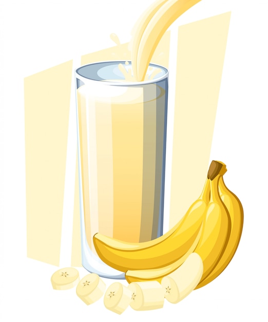 Succo di banana. bevanda di frutta fresca in vetro. frullati di banana. il succo scorre e schizza nel bicchiere pieno. illustrazione su sfondo bianco. pagina del sito web e app per dispositivi mobili