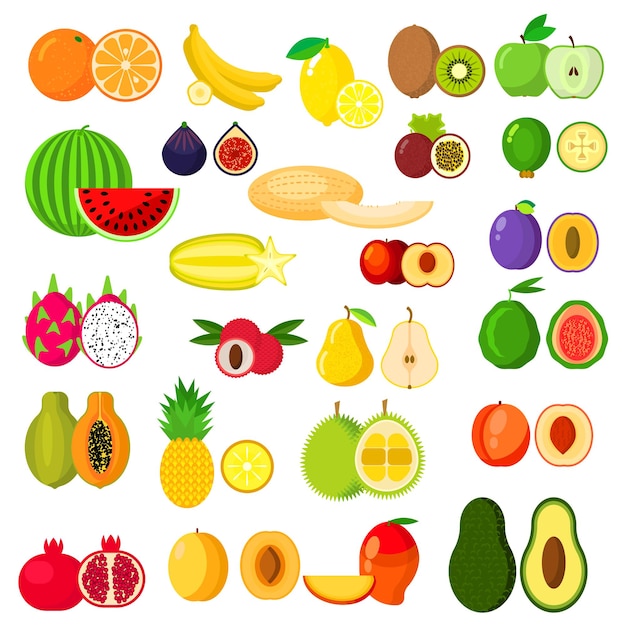 Banana and kiwi, orange and apple, pear and pineapple, watermelon, plum and apricot, melon, avocado and peach, dragon fruit and mango, papaya and pomegranate, fig and feijoa, carambola and durian