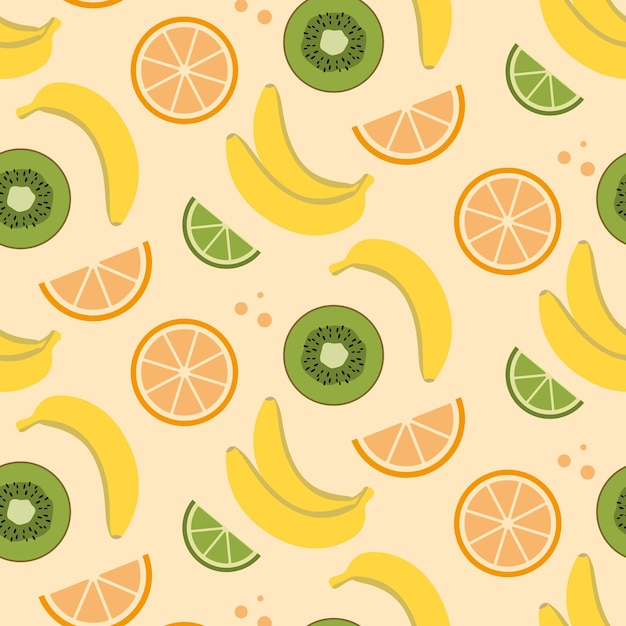 Vector banana, kiwiw and orange seamless pattern background