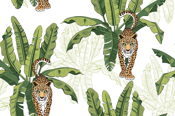 Vector banana leaves and wild leopard on a white background