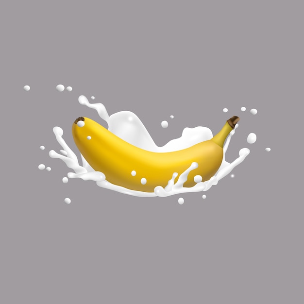 Banana and milk splash, 3d vector icon