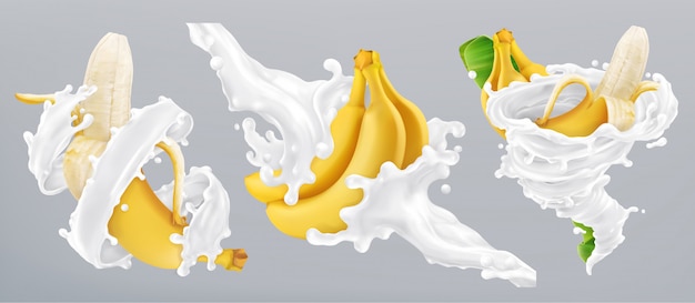 Spruzzata di banana e latte, yogurt. icona realistica 3d