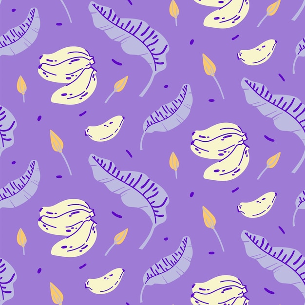 Banana pattern on purple background. Banana fruits in banana leaves.