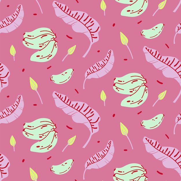 Banana pattern with banana fruits, flowers and leaves on a pink background. Flat style.