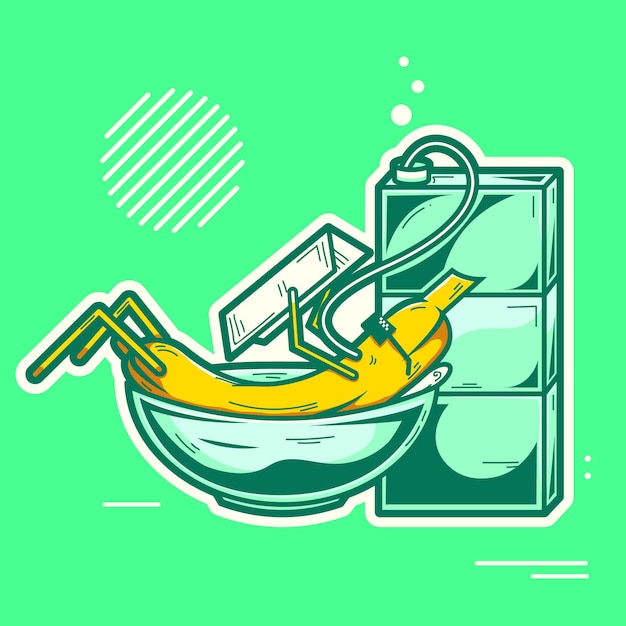 Vector banana relax and drinking milk cartoon