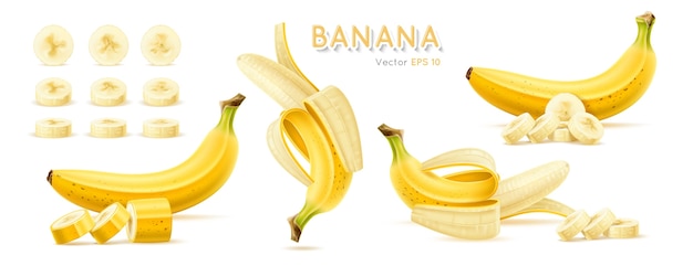 Vector banana ripe yellow set of tropical fruit illustration