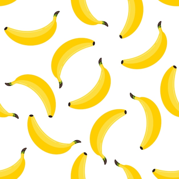 Banana seamless pattern on white background. Fresh yellow tropical fruit vector textile print illustration. Flat design cartoon style organic healthy food seamless texture for web, covers, decoration.