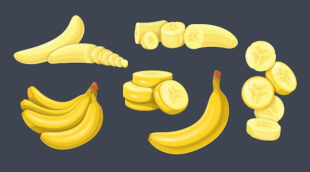 Banana set cartoon bunch of tropical fruit yellow ripe banana cut in half and slices