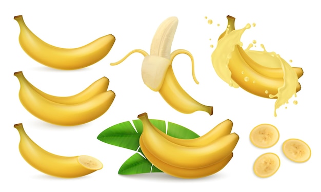 Banana set of realistic images with bunch of whole bananas leaves and slices with juice splashes vector illustration