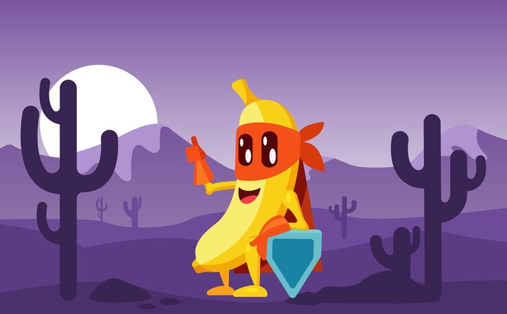 वेक्टर banana in superhero costume protector on vacant lot in middle of sunset