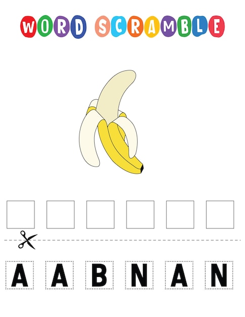 Vector banana word scramble educational game for kids english language spelling worksheet for preschool children