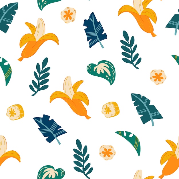 Bananas and leaves seamless pattern tropical background with exotic leaves and fruits perfect design for fabric print wrapper textile vector flat illustration