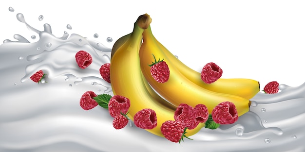 Banane e lamponi su un'ondata di latte o yogurt. illustrazione realistica.