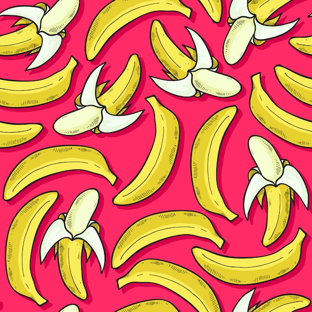 バナナのシームレスパターン。熟した果物の背景。手描きのスタイルをスケッチします。