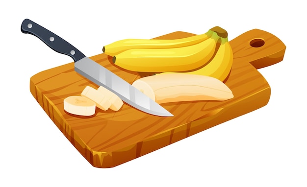 Bananen gesneden met een mes op een houten snijplank