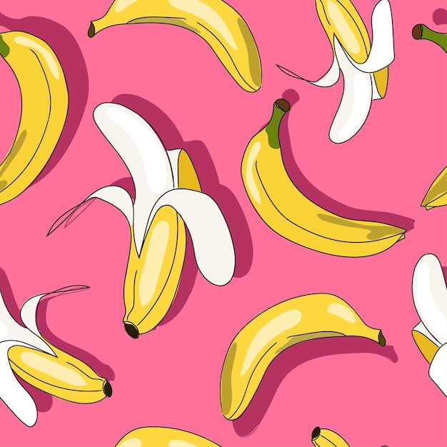 Bananen naadloos patroon met contrastschaduwen in abstracte cartoonstijl op roze vector als achtergrond