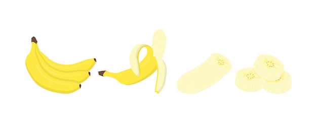 Bananenpictogram verse hele helft en gesneden banaan