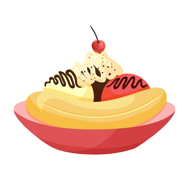 Bananensplit-dessert in kom met kers erop Cartoon-ijs met chocoladesaus Heerlijke zoete traktatie vectorillustratie