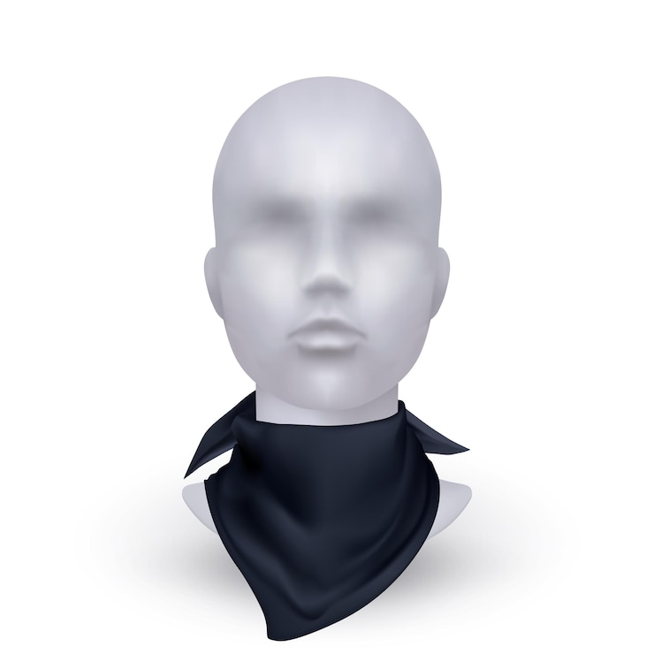 Vector bandana realistic on mannequin neck unisex textile modern casual accessory way to wear kerchief black cotton scarf fashion style stylish uniform biker style vector isolated illustration