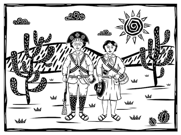 Vector bandit couple from northeastern brazil lampiao and maria bonita woodcut vector in cordel style