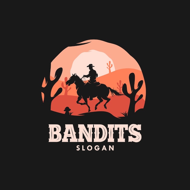 Bandit cowboy riding a horse in the sunset logo