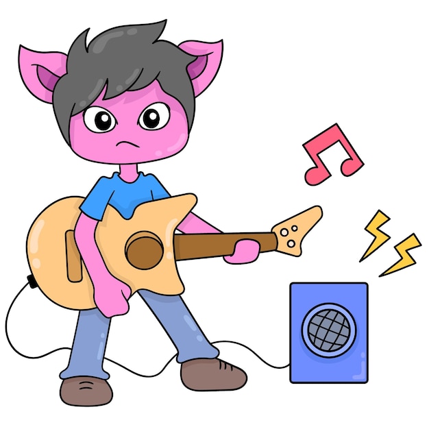 Bandkatje die muziek speelt die gitaar, vectorillustratieart. doodle pictogram afbeelding kawaii.