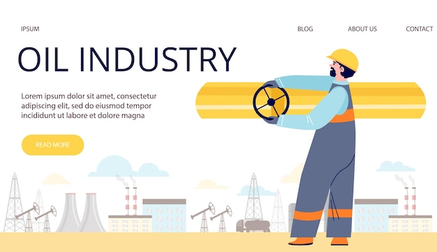 Baner with oilman gasman on factory in flat style vector illustration