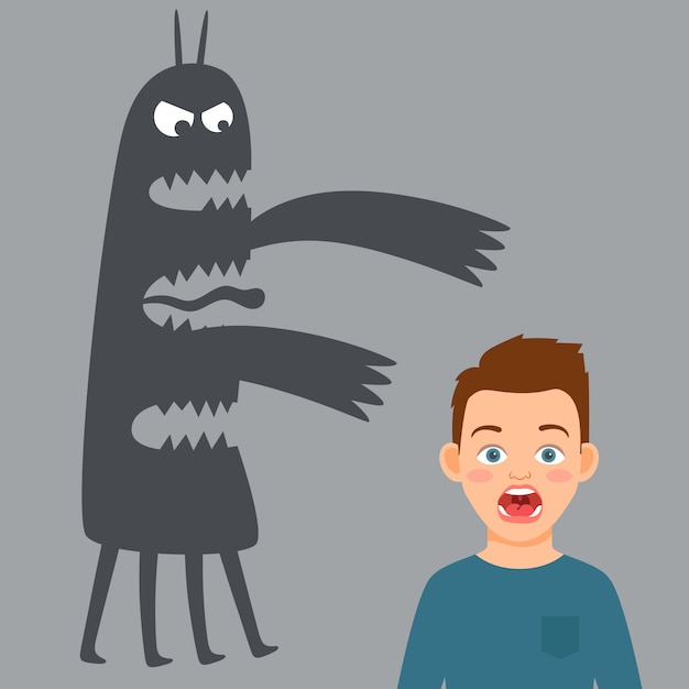 Bang jongen en angst monster illustratie