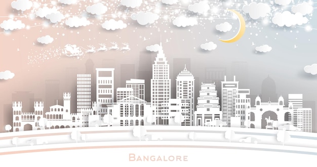 Bangalore India City Skyline in Paper Cut-stijl met sneeuwvlokken, maan en neongarland