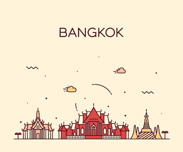 Orizzonte di bangkok, siluetta dettagliata. illustrazione vettoriale alla moda, stile lineare.