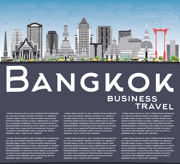 Bangkok skyline with gray landmarks, blue sky and copy space.