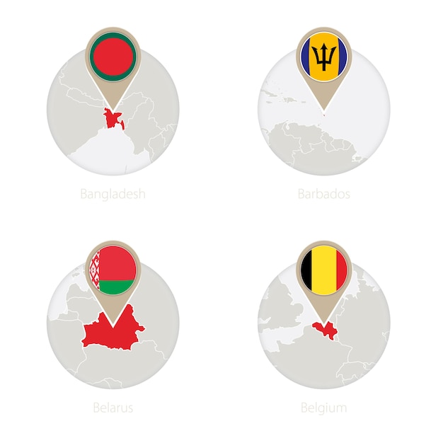 Bangladesh Barbados Belarus Belgium map and flag in circle