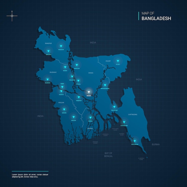 Иллюстрация карты бангладеш с синими неоновыми световыми точками - треугольник на темно-синем градиенте. административное деление, города, границы, столица.