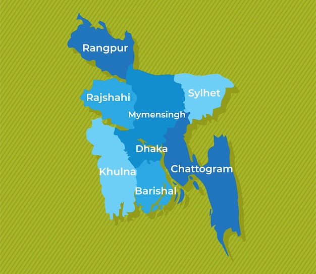 Bangladesh map with names of the regions blue political map green background vector illustration