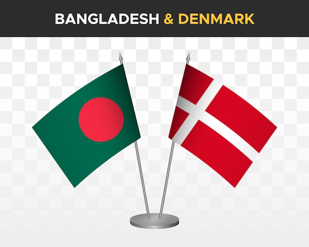 Bangladesh vs Denemarken Bureauvlaggen mockup geïsoleerde 3d vector illustratie tafelvlaggen