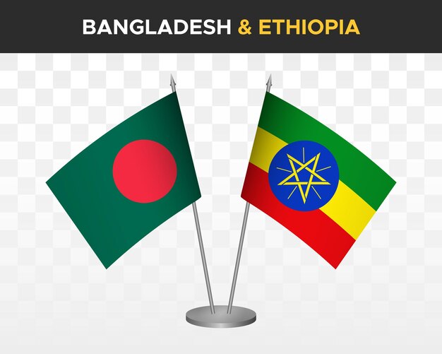 Bandiere da scrivania bangladesh vs etiopia mockup isolato 3d illustrazione vettoriale bandiere da tavolo