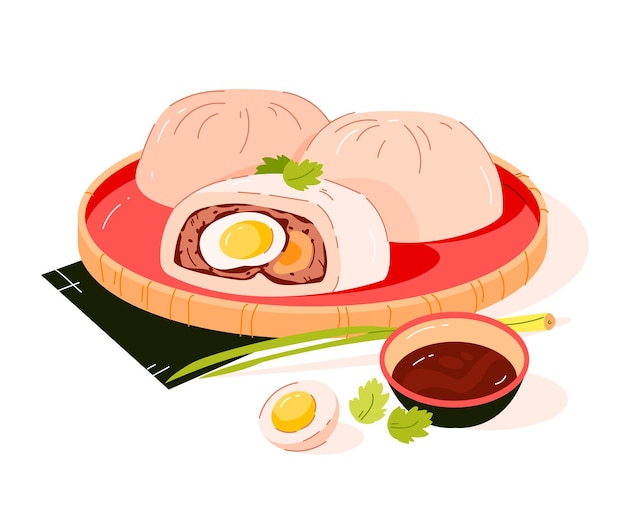 Banh bao, een gerecht uit de Vietnamese keuken. Een broodje met vlees en eieren. Vector illustratie