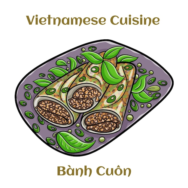 Banh cuon vietnamese steamed rice noodle roll vietnamese popular breakfast food Isolated vector illustration