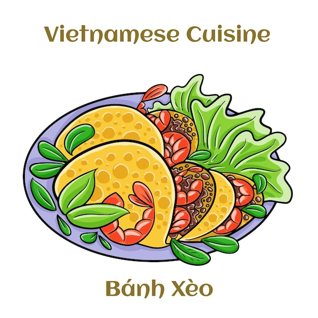 Vector banh xeo vietnamese pannenkoeken gevuld met varkensvlees of kip kunnen ook garnalenuien en taugé en hete saus geïsoleerde vectorillustratie zijn
