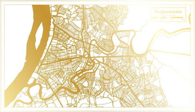 Vettore mappa della città di banjarmasin indonesia in stile retrò con mappa di contorno a colori dorati