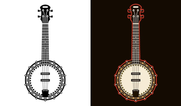 Vettore strumento musicale banjo due stili nero su bianco e colorato su sfondo scuro illustrazione vettoriale