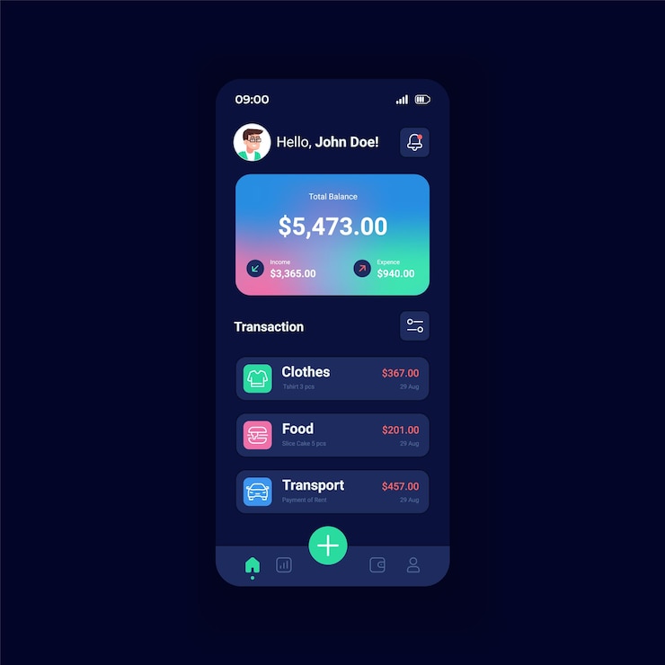 Vector bank account night mode smartphone interface vector template