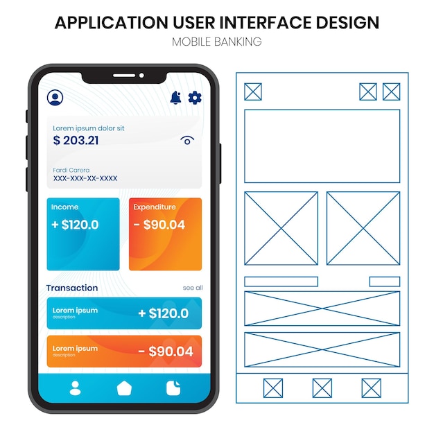 Vettore progettazione e wireframe dell'interfaccia utente mobile dell'applicazione bancaria