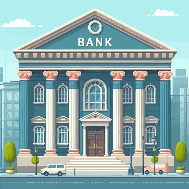 ベクトル 白い背景に隔離された銀行建物の正面 平らなスタイルのベクトルイラスト