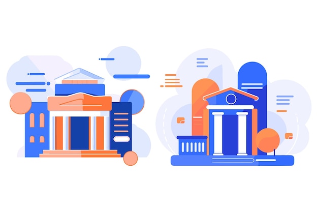 bank building facade in UX UI flat style isolated on background