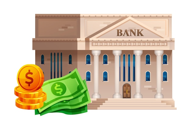 Vector bank building with banknotes and coins money savings concept vector bank illustration