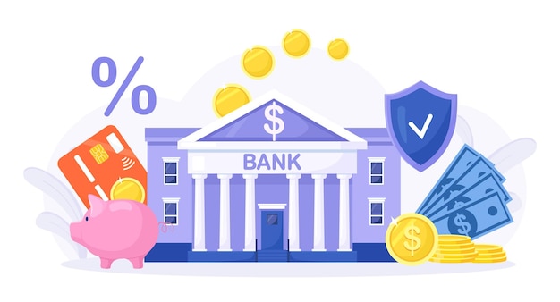 Bank building with cash piggy bank Stack of gold coins near Government Finance Department or Tax Office Bank financing money exchange saving accumulating money Grant subsidy financial support